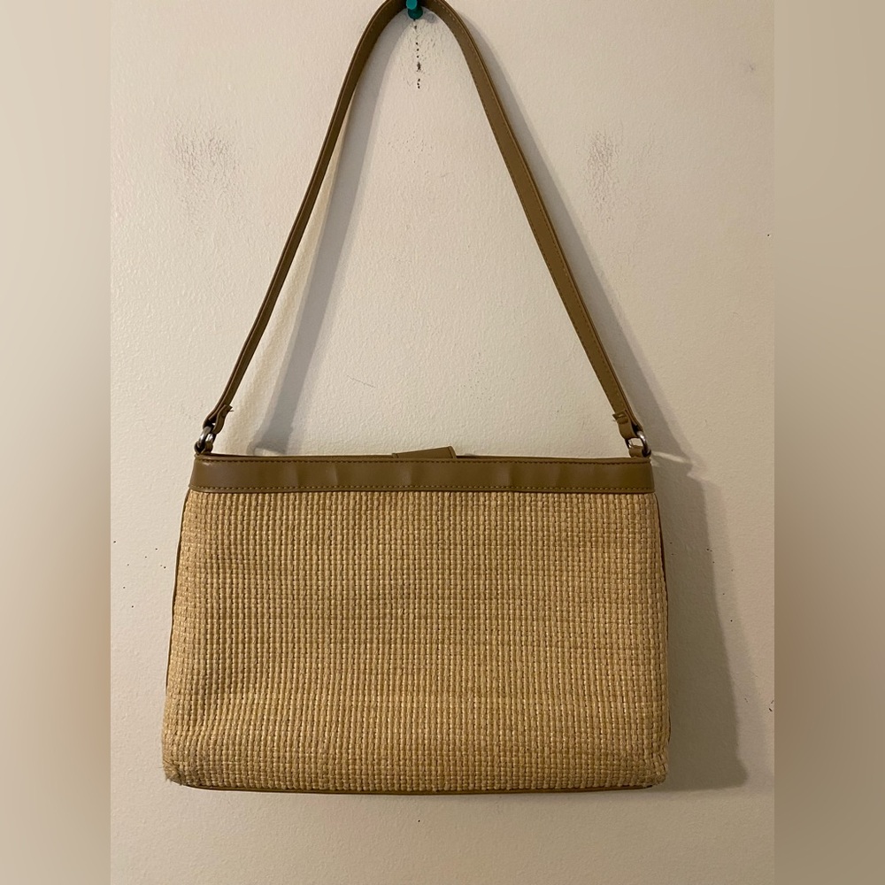 VTG Fossil Woven Straw and Leather Shoulder Bag 75082 Beige Tan Pink Plaid Lined